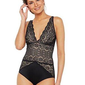 Rhonda Shear Scalloped Adjustable Strap Bodysuit Black/Nude-XL
